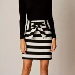 KAREN MILLEN Striped Pencil Skirt Bow Tie At Waist Black Off White Size 8